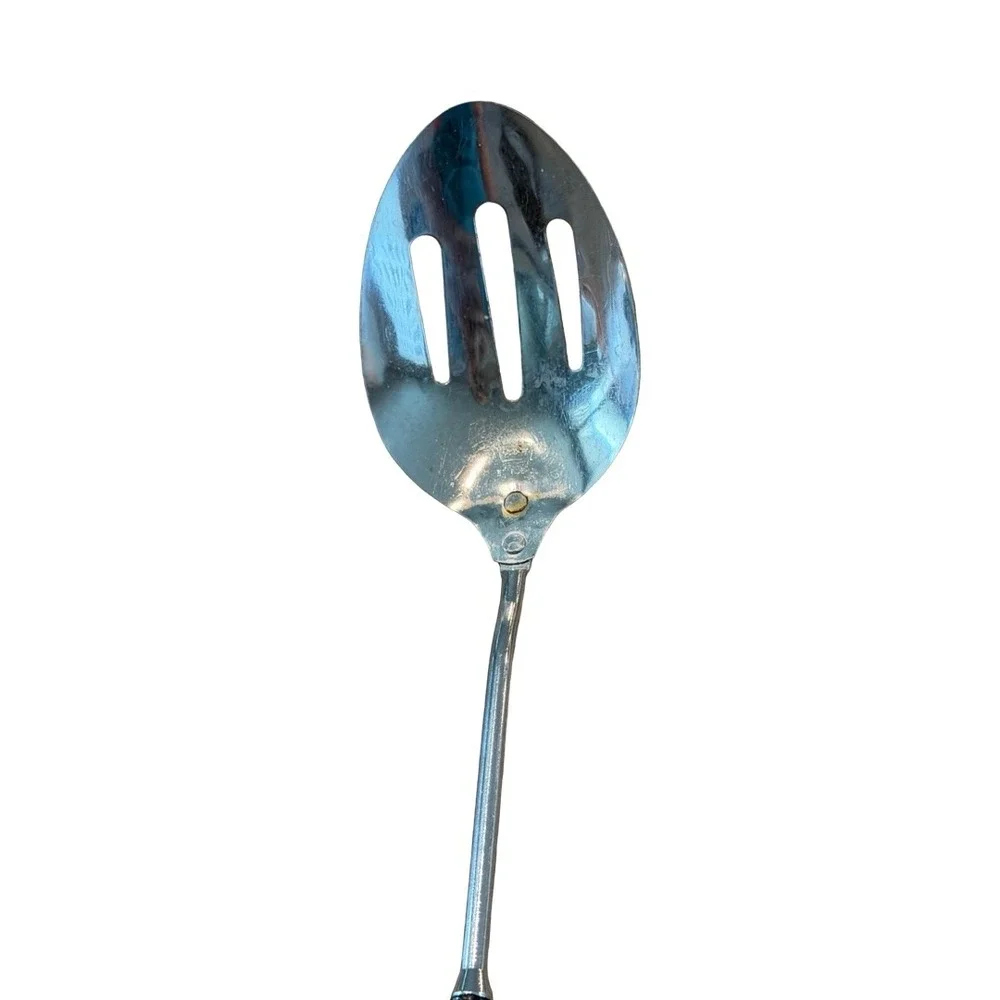 Vintage EKCO Slotted Spoon Chromium Plated Black Handle USA Made Retro Kitchen